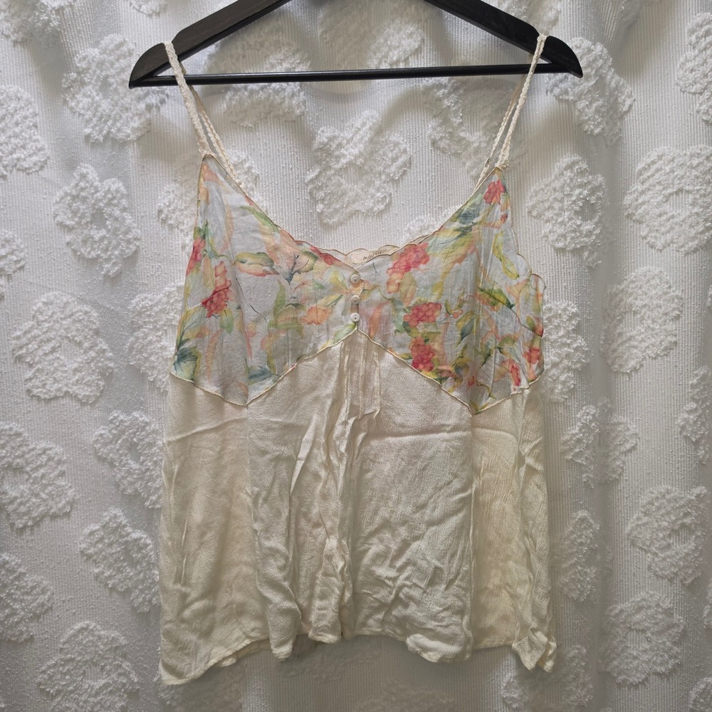 Mystree Women Cream Floral Chiffon Camisole Scalloped Trim Lace Strap Top Medium
